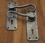 Light Pewter, Rat Tail Style Wrought Iron Door Handles with Keyhole, Rustproof Finish HF200